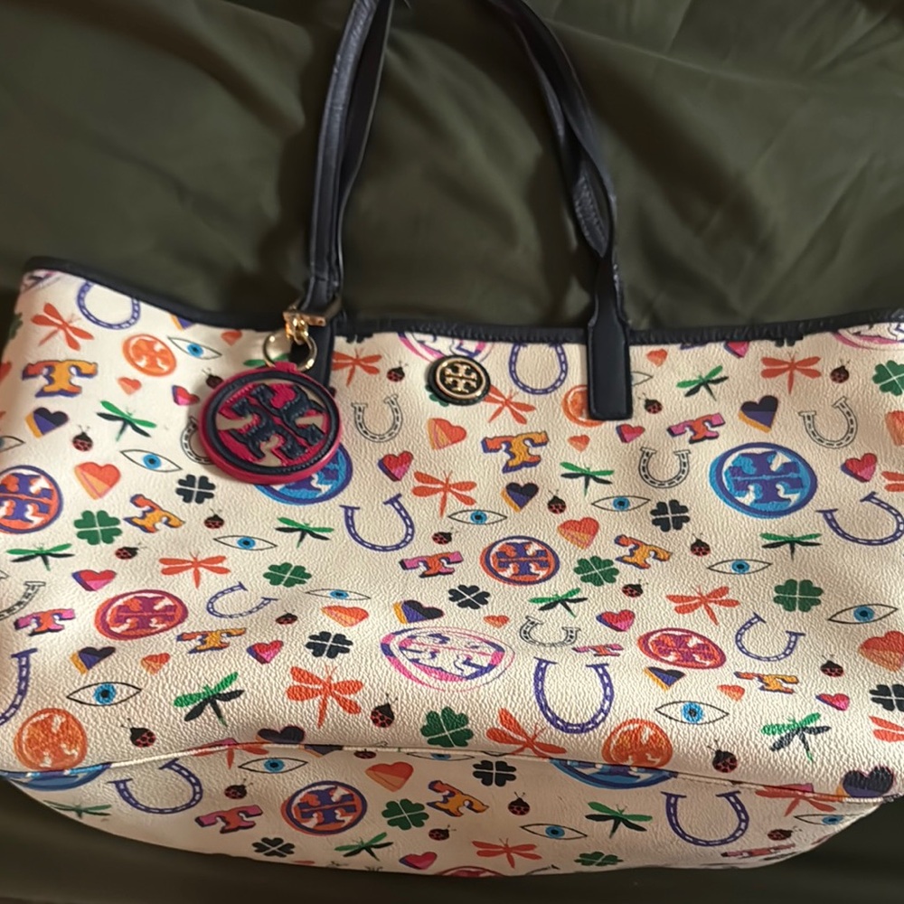 Tory Burch Colorful Canvas Tote Bag with Black Handles